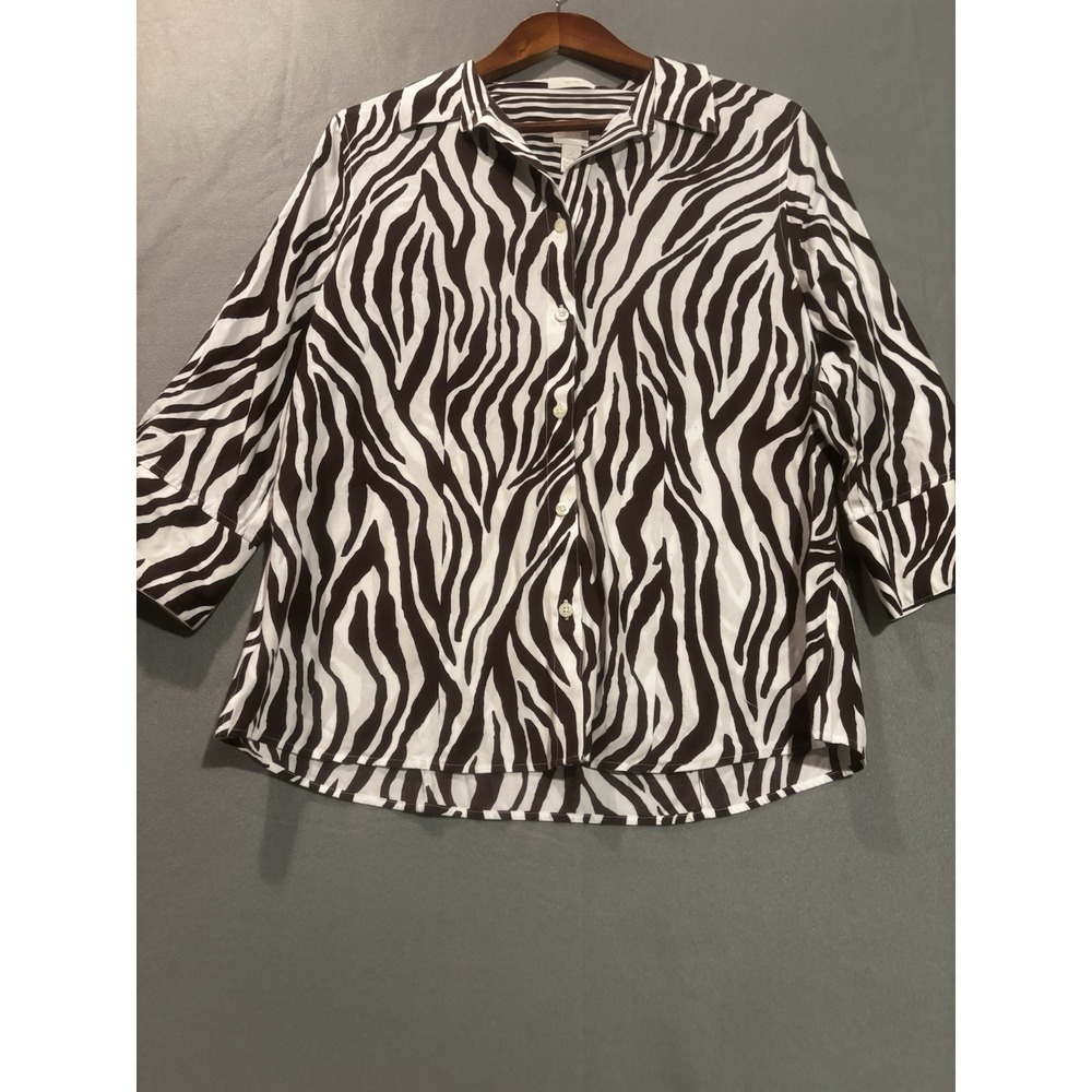 Chico's Blouse Womens 2 L Brown White Animal Print Long Sleeve Button Up No Iron
